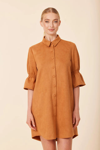 FAUX SUEDE PUFF SHOULDER DRESS- BURN ORANGE