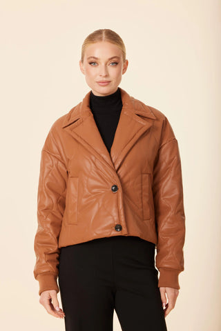 VEGAN LEATHER QUILTED JACKET - CAMEL