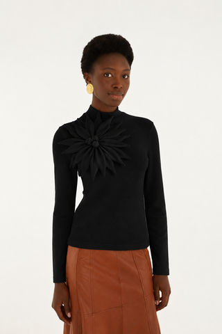 BLACK LONG SLEEVE FLOWER TOP