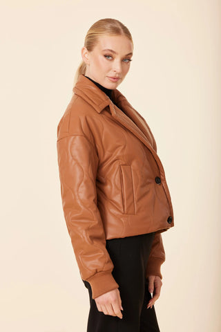 VEGAN LEATHER QUILTED JACKET - CAMEL