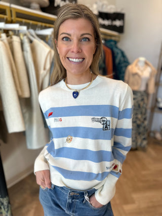 FRENCH EMBROIDERY STRIPE CREW NECK SWEATER