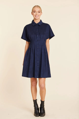 FAUX SUEDE PINTUCK WAIST DRESS - NAVY