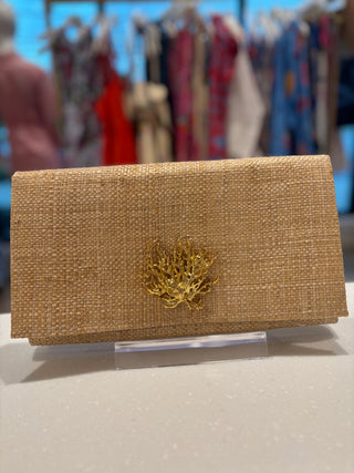 DARK GRASSCLOTH CLUTCH WITH CORAL