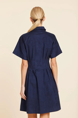 FAUX SUEDE PINTUCK WAIST DRESS - NAVY
