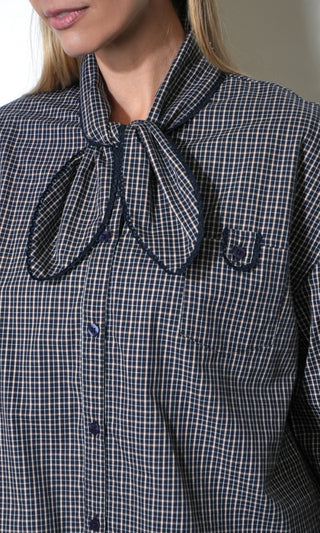 HONEY BOXY TIE NECK CHECKED BUTTON DOWN