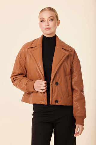 VEGAN LEATHER QUILTED JACKET - CAMEL
