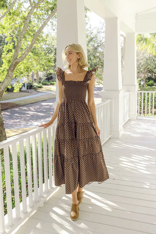 SMOCKED FLUTTER STRAP MIDI DRESS