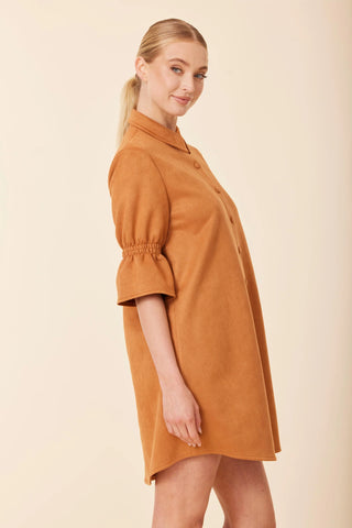 FAUX SUEDE PUFF SHOULDER DRESS- BURN ORANGE