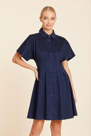 FAUX SUEDE PINTUCK WAIST DRESS - NAVY