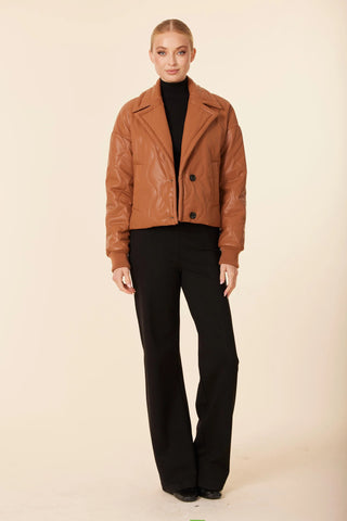 VEGAN LEATHER QUILTED JACKET - CAMEL