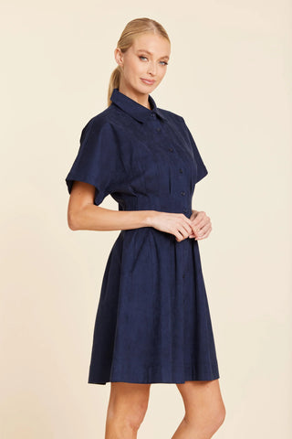 FAUX SUEDE PINTUCK WAIST DRESS - NAVY