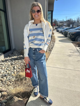 FRENCH EMBROIDERY STRIPE CREW NECK SWEATER