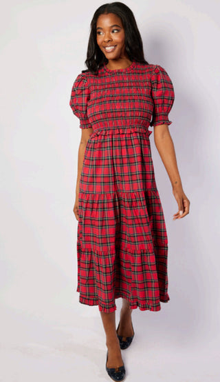 PUFF SLEEVE SMOCKED MIDI DRESS