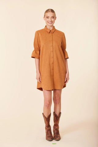 FAUX SUEDE PUFF SHOULDER DRESS- BURN ORANGE