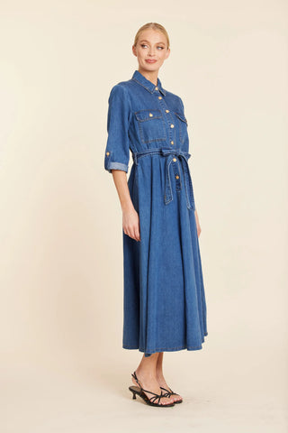 DENIM TAB SLEEVE MAXI DRESS