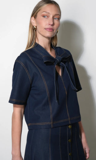 INEZ BOXY DENIM TOP WITH TIE NECK