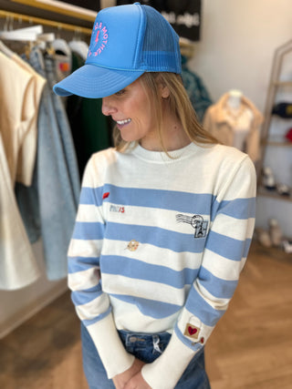 FRENCH EMBROIDERY STRIPE CREW NECK SWEATER