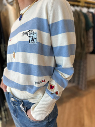FRENCH EMBROIDERY STRIPE CREW NECK SWEATER