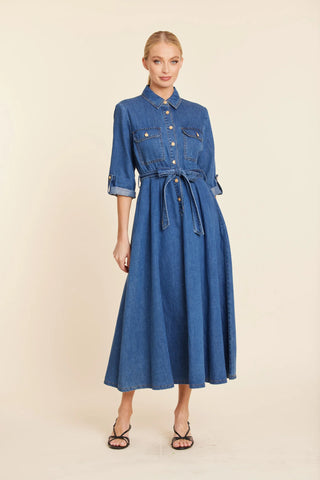 DENIM TAB SLEEVE MAXI DRESS