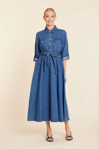 DENIM TAB SLEEVE MAXI DRESS
